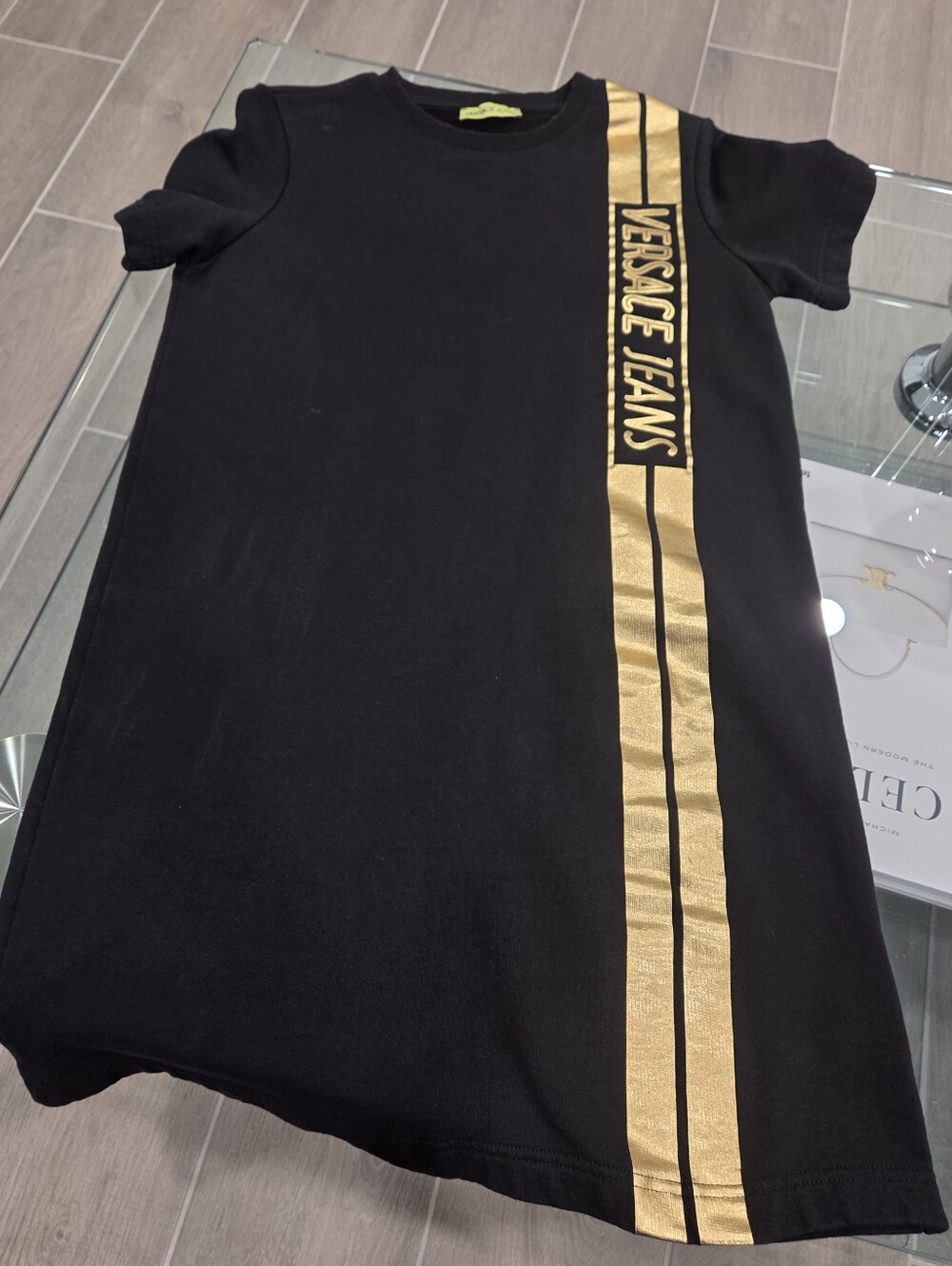 Versace Jeans Couture Black Terry T-shirt Dress Gold Strip Logo Label